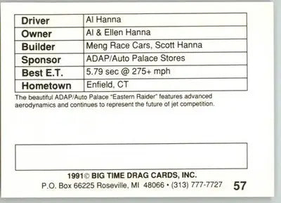 Al Hanna - 1991 Big Time Drag - #57 - Racing - Racing Card Single