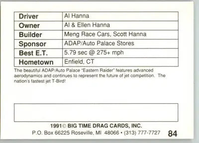 Al Hanna - 1991 Big Time Drag - #84 - Racing - Racing Card Single