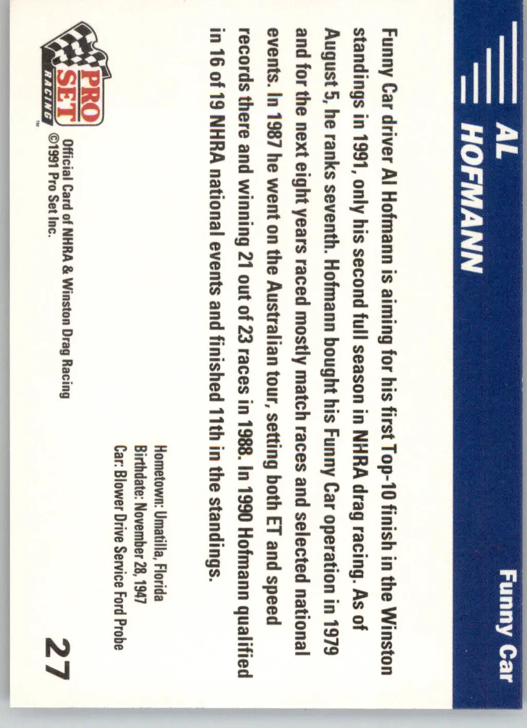 Al Hofmann - 1991 Pro Set NHRA - #27 - Racing - Racing Card Single