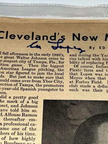 Al Lopez Cleveland Indians signed SPORT Magazine page with newspaper clipping and signature