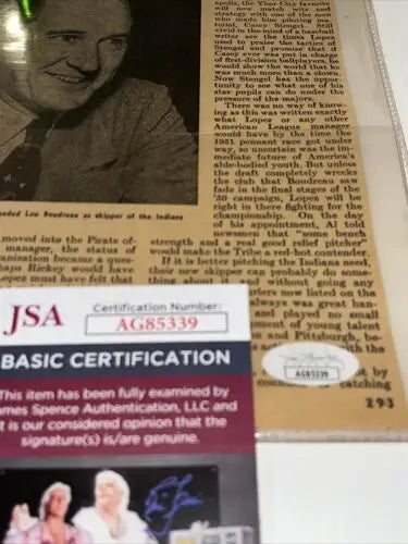 Autographed Sport Magazine page featuring Al Lopez Cleveland Indians with JSA certification