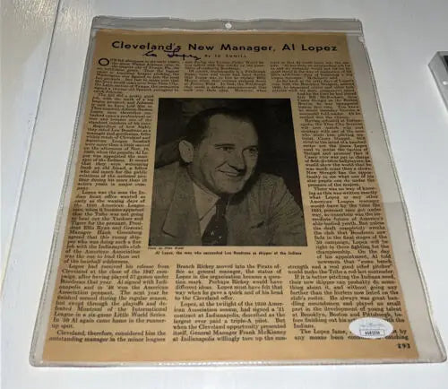 Newspaper article featuring Al Lopez Cleveland Indians on signed Sport magazine page