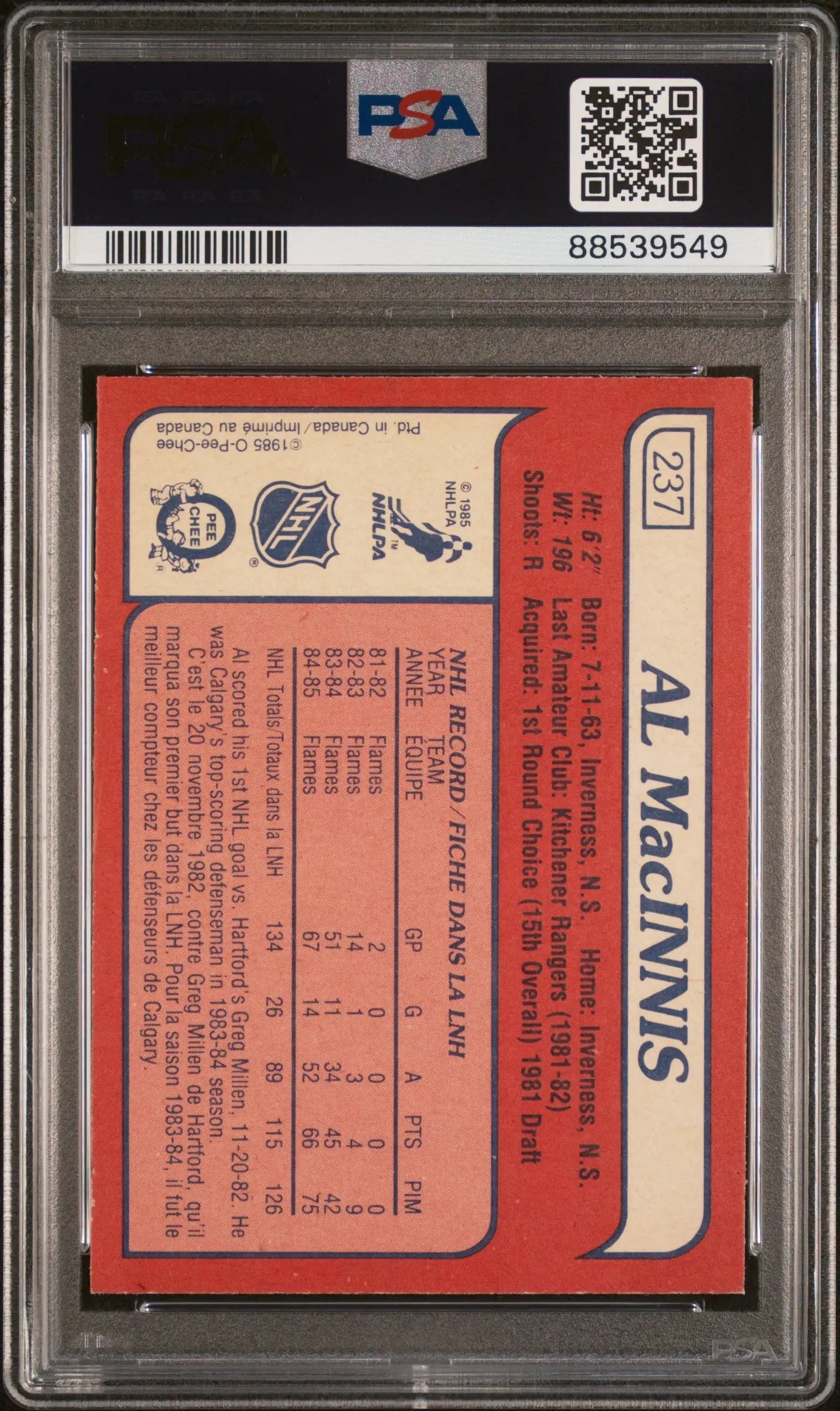 Al MacInnis 1985 O-Pee-Chee #237 PSA 8 Nm-Mint - Hockey Card Single