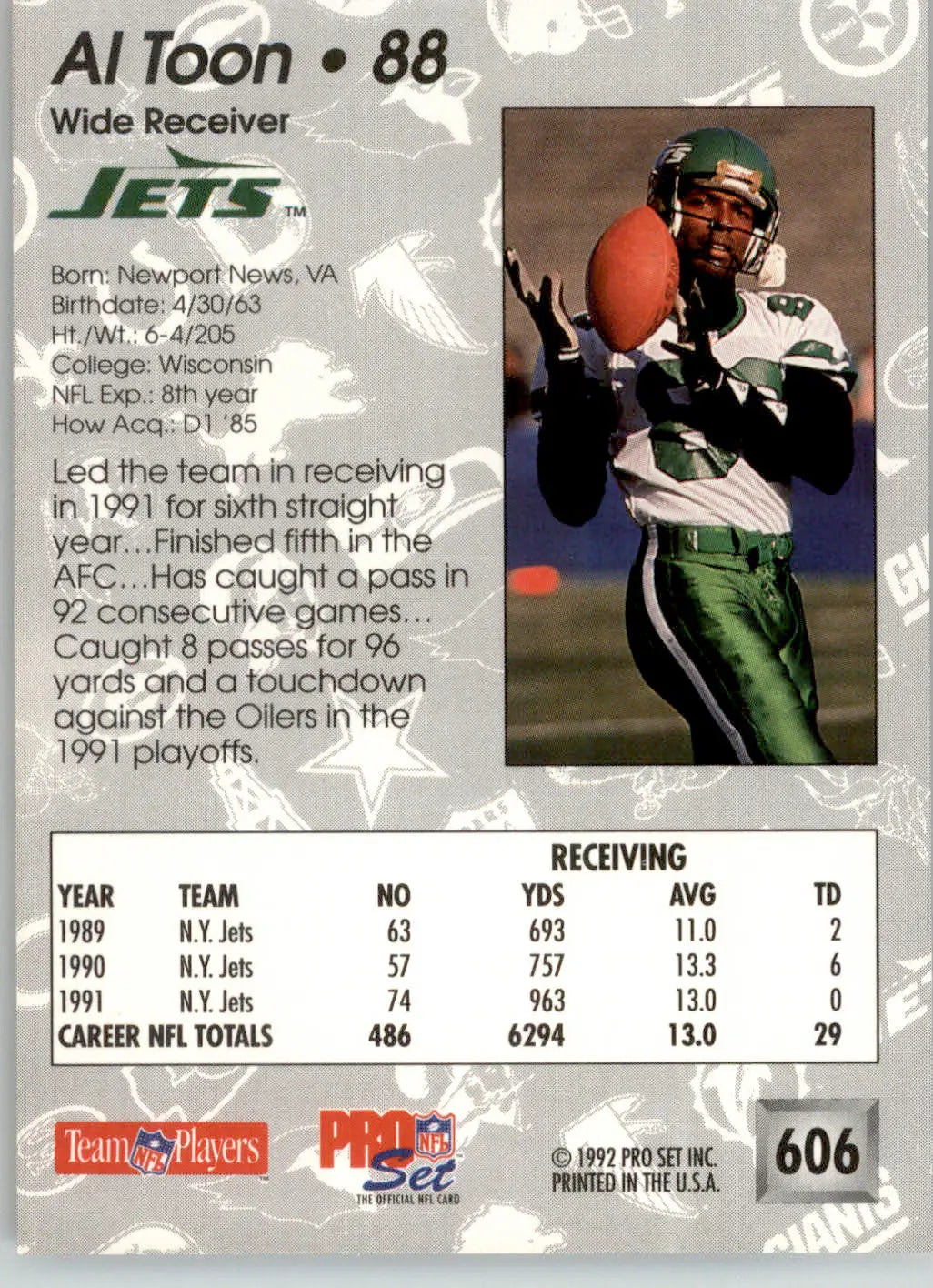 Al Toon - 1992 Pro Set - #606 - Football - Football Card Single