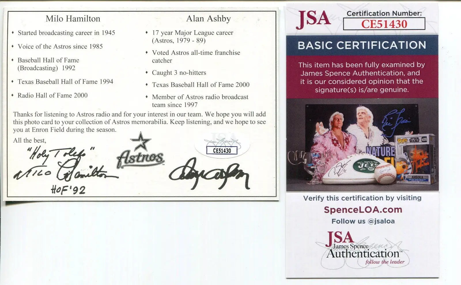 Alan Ashby Milo Hamilton Signed Autographed Astros Baseball Postcard Auto JSA - Baseball Card Single