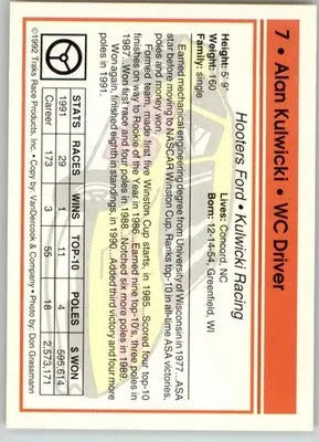 Alan Kulwicki - 1992 Traks - #7 - Racing - Racing Card Single