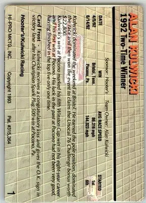 Alan Kulwicki - 1993 Action Packed - #1 - Racing - Racing Card Single
