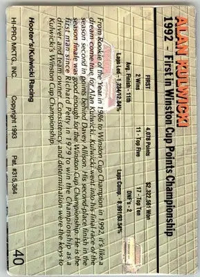 Alan Kulwicki - 1993 Action Packed - #40 - Racing - Racing Card Single