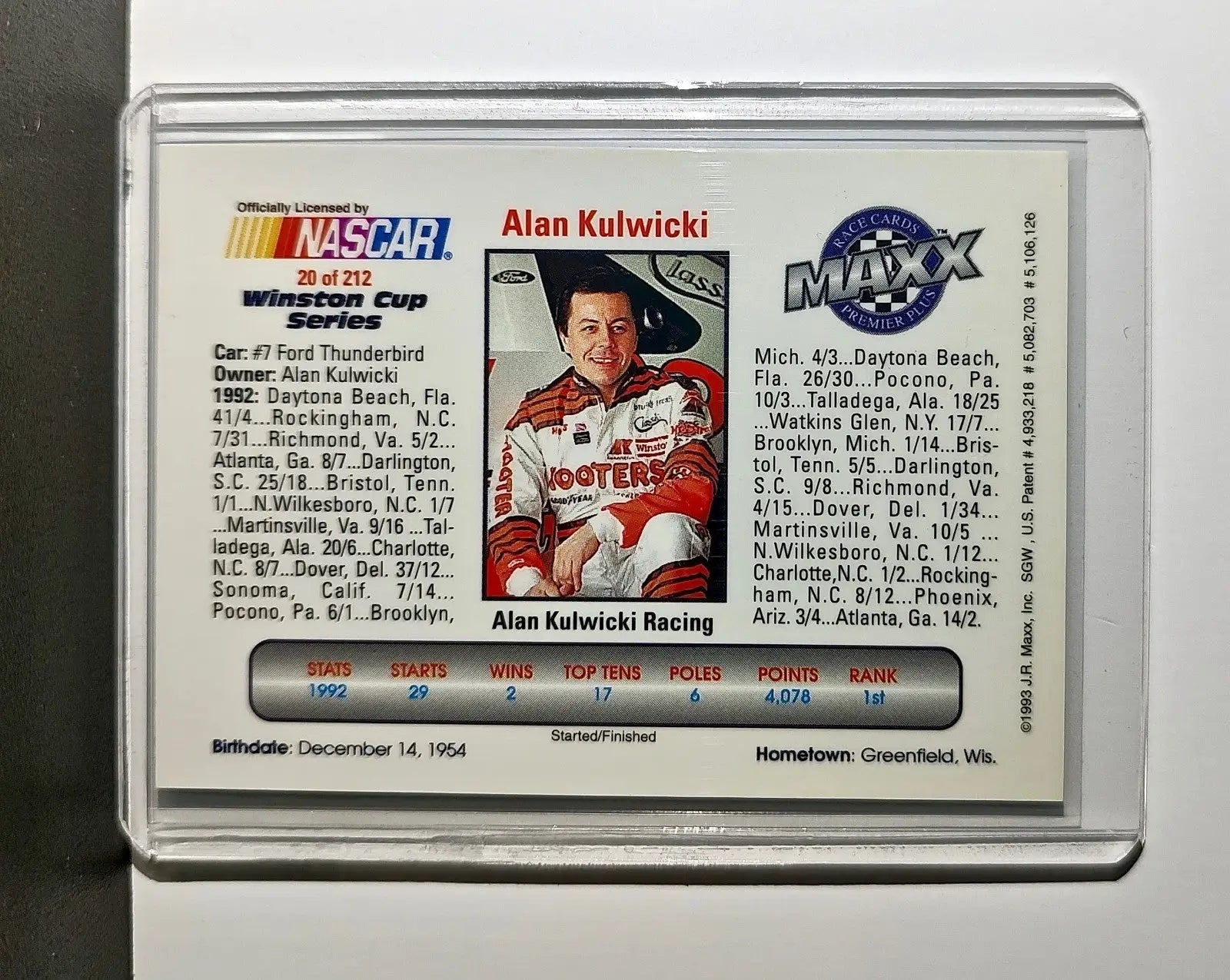 Alan Kulwicki 1993 Maxx Premier Plus Racing #20 NASCAR Card AK Racing