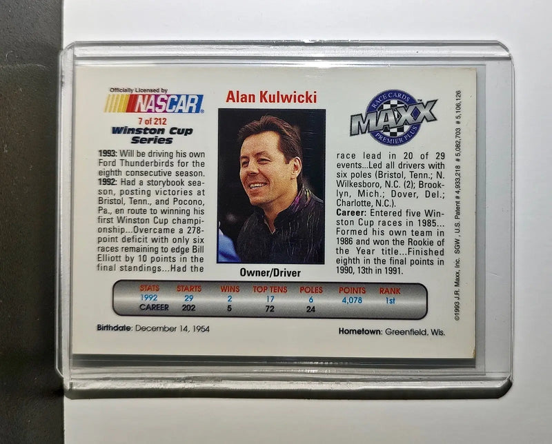 Alan Kulwicki 1993 Maxx Premier Plus Racing #7 NASCAR Card AK Racing