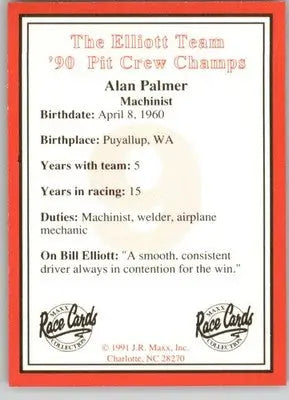 Alan Palmer - 1991 Maxx The Bill Elliott Team - #NNO - Racing - Racing Card Single