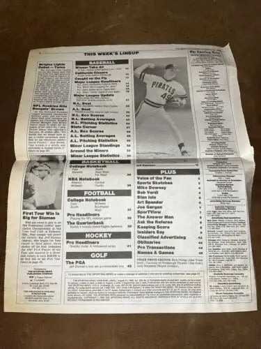 Folded newspaper featuring Alan Trammell in The Sporting News trading cards