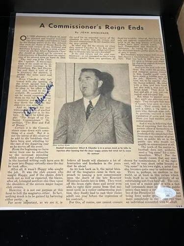 Albert AB Happy Chandler signed auto sport magazine page displayed on a newspaper article