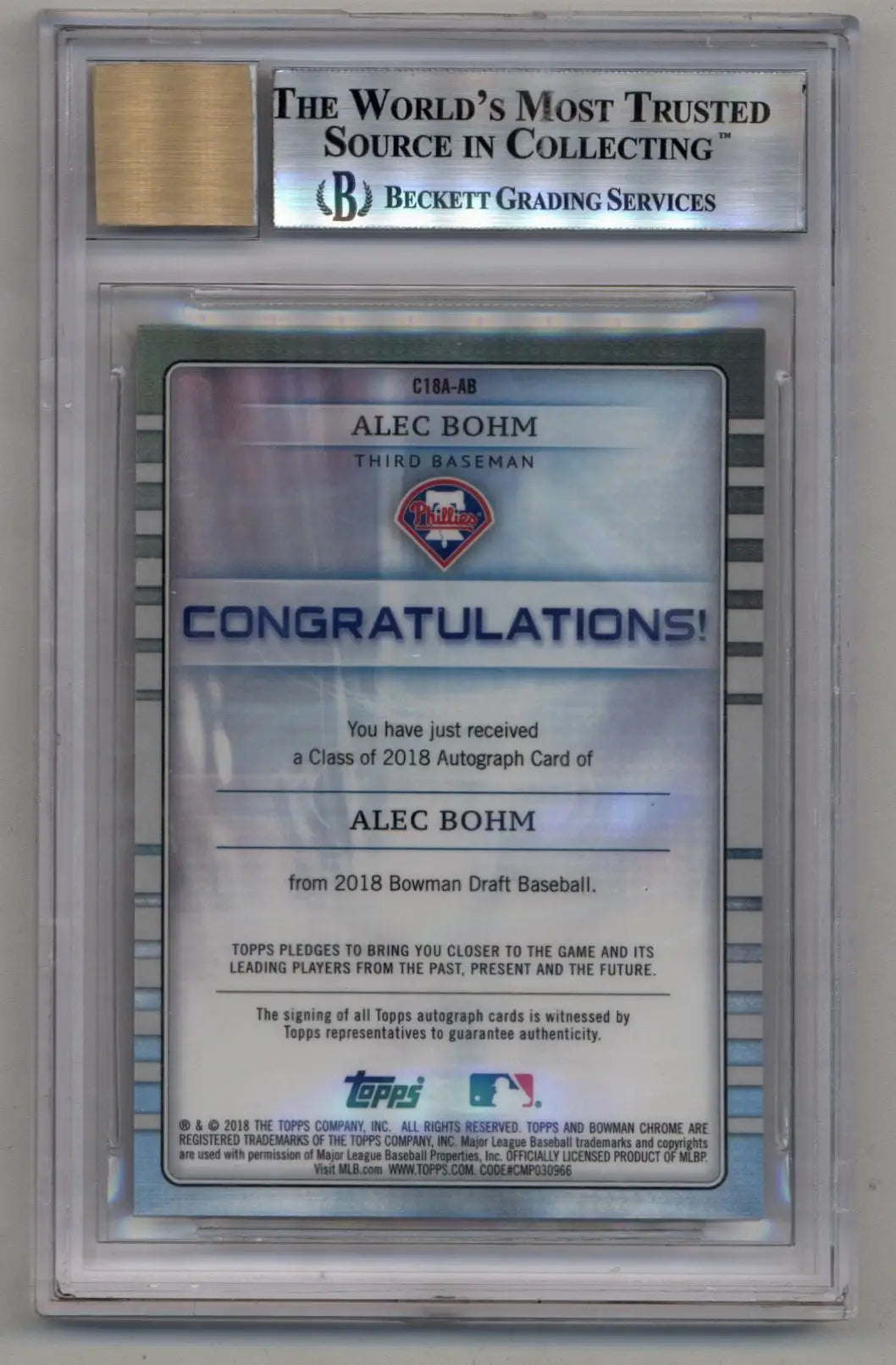 Alec Bohm Bowman Chrome 2018 Gold Refractor Auto Baseball Card BGS 8.5 Near Mint