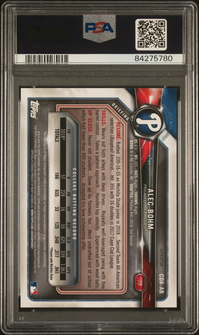 Graded Alec Bohm Bowman Draft Chrome Refractor Auto trading card PSA 10 Gem Mint
