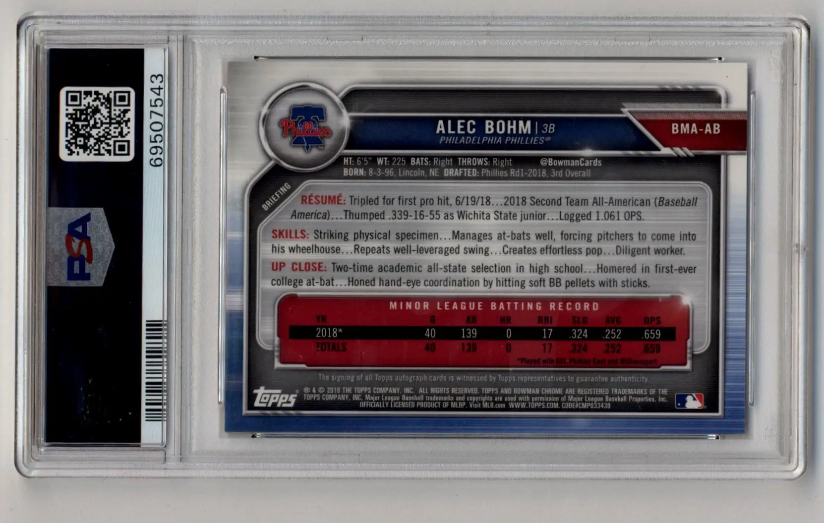 Encapsulated 2018 Bowman Chrome Alec Bohm baseball card in Bowman Chrome Mega Box