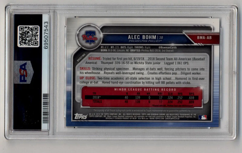 Encapsulated 2018 Bowman Chrome Alec Bohm baseball card in Bowman Chrome Mega Box