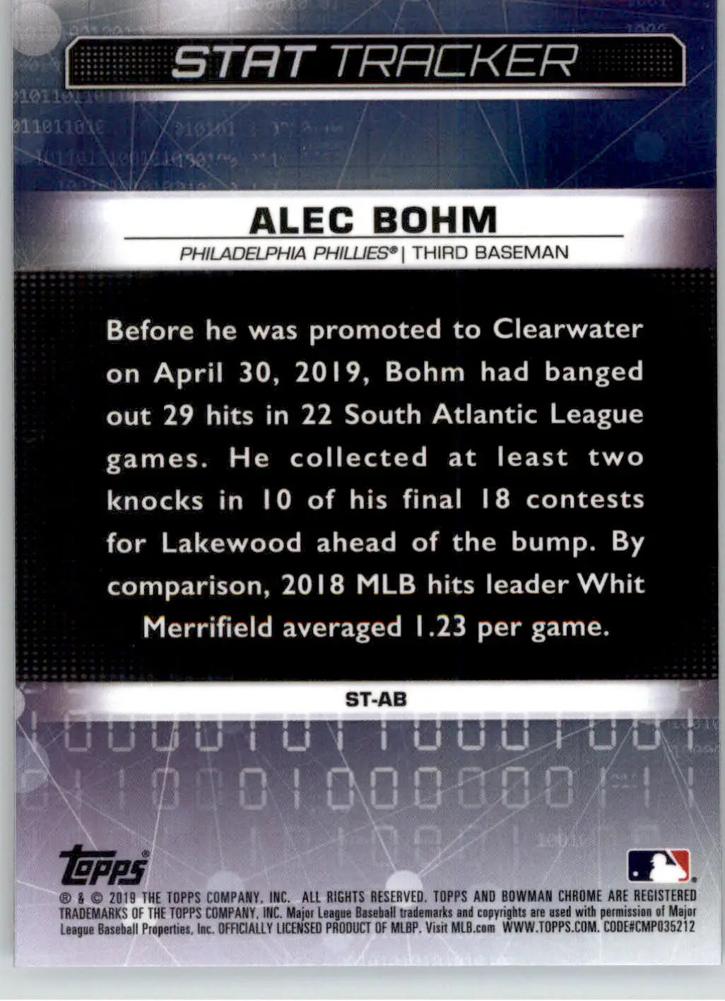 Alec Bohm - 2019 Bowman Chrome - #ST-AB - Stat Tracker Baseball - Baseball Card Single