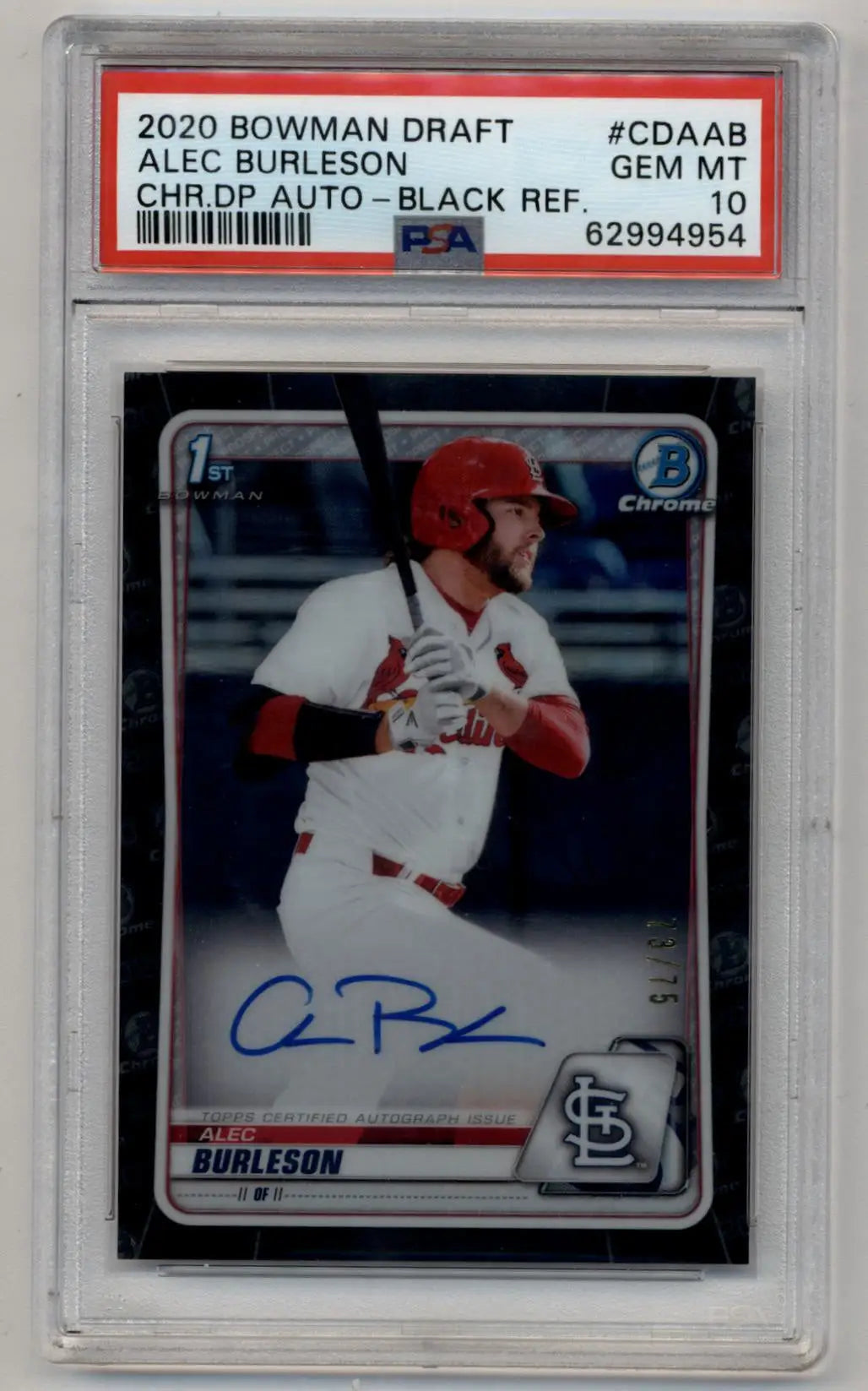 Alec Burleson Bowman Chrome Draft Black Refractor Auto baseball card 73/75 PSA 10