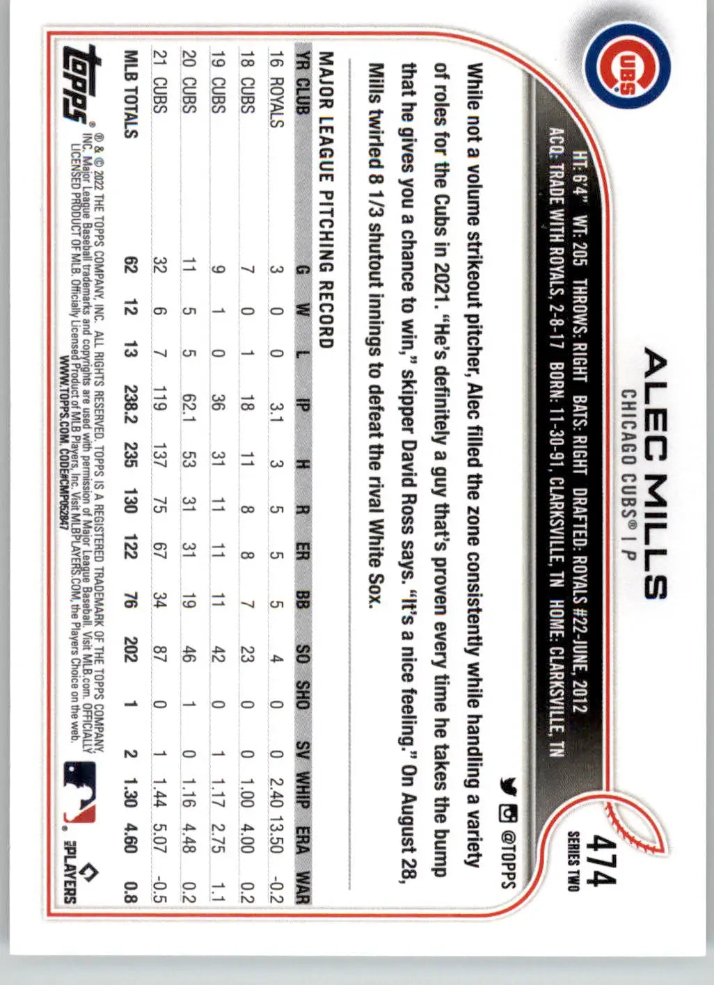 Alec Mills - 2022 Topps - #474 - Baseball - Baseball Card Single