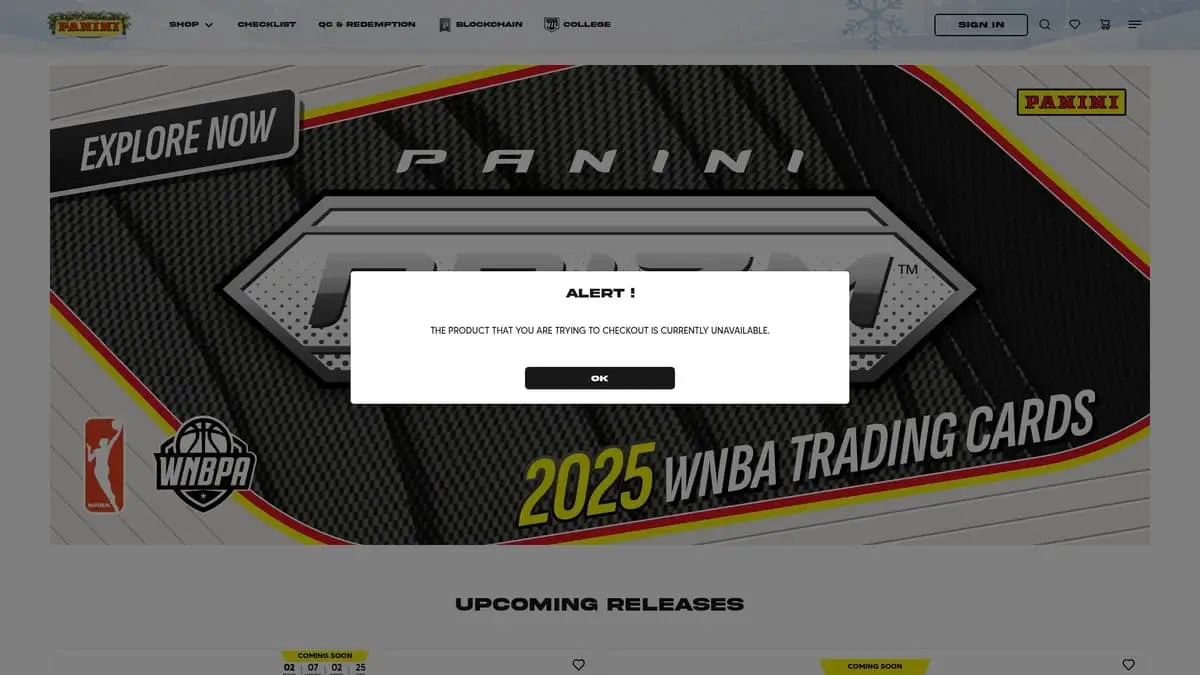 Alert box on Panini 2025 WNBA cards site in baseball hobby box article