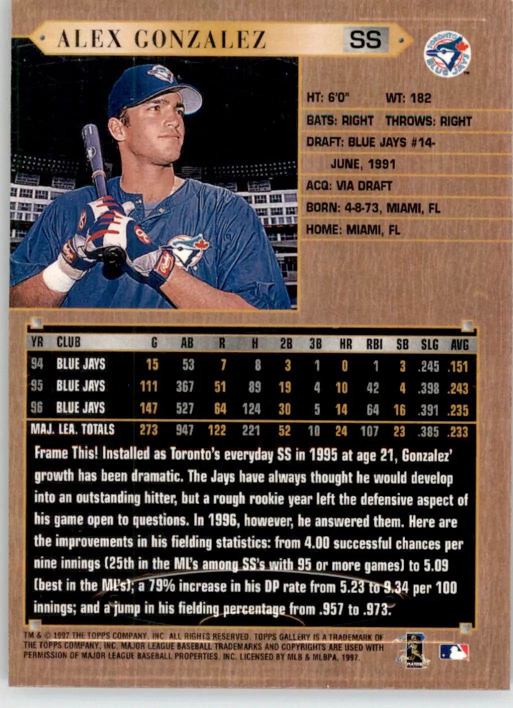 Alex Gonzalez - 1997 Topps Gallery - #99 - Baseball - Baseball Card Single