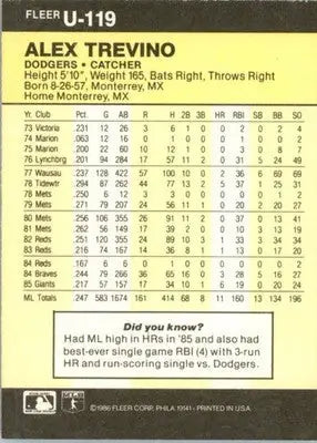 Alex Trevino - 1986 Fleer Update - #U-119 - Baseball - Baseball Card Single