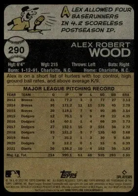 Alex Wood 2022 Topps Heritage #290 San Francisco Giants - Baseball Card Single