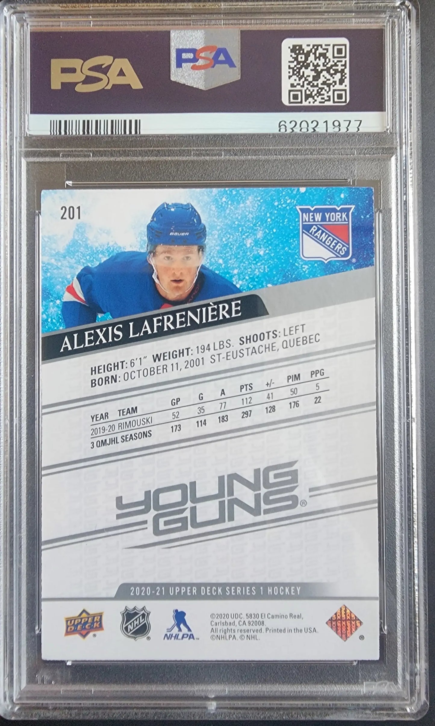 Alexis Lafreniere 2020 Upper Deck #201 PSA 10 Gem Mint 1977 - Hockey Card Single