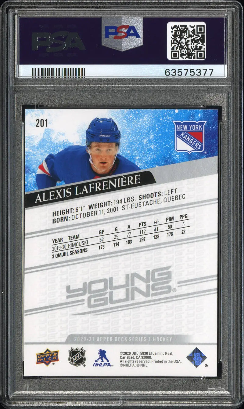 Alexis Lafreniere 2020 Upper Deck #201 PSA 10 Gem Mint 5377 - Hockey Card Single