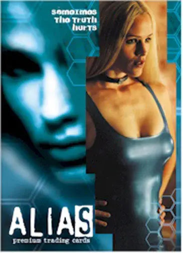 Alias Season 1 promo card featuring a split image of a blue-tinted face and blonde woman