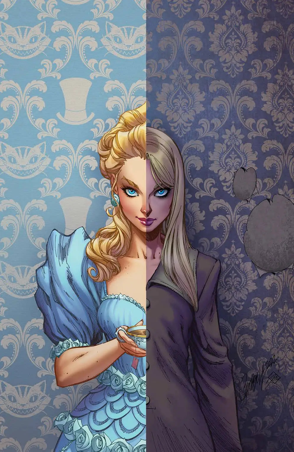 Split portrait of figure in blue dress and gray attire, Alice Ever After trading card