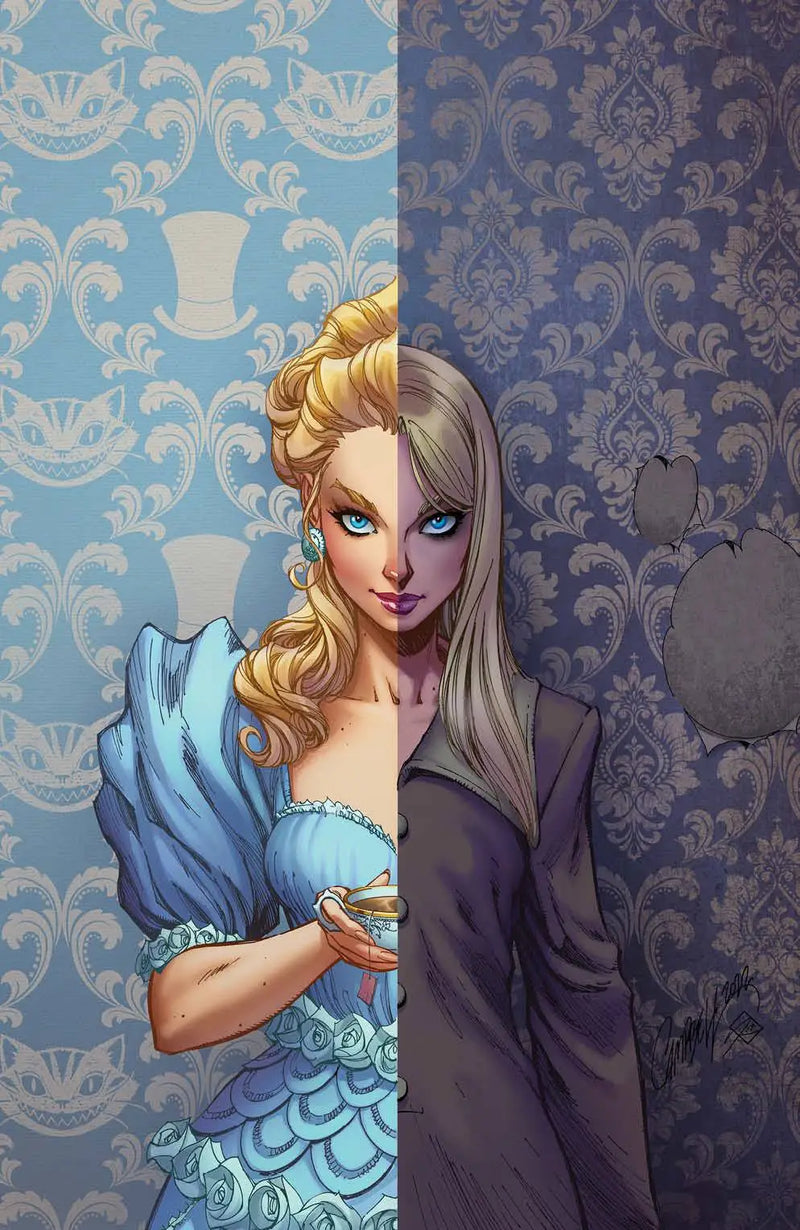 Split portrait of figure in blue dress and gray attire, Alice Ever After trading card
