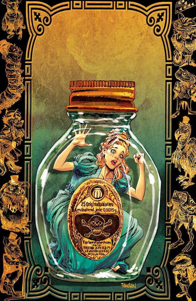 Glass bottle with figure and ornate label in Alice Ever After #1 Unlockable Variant