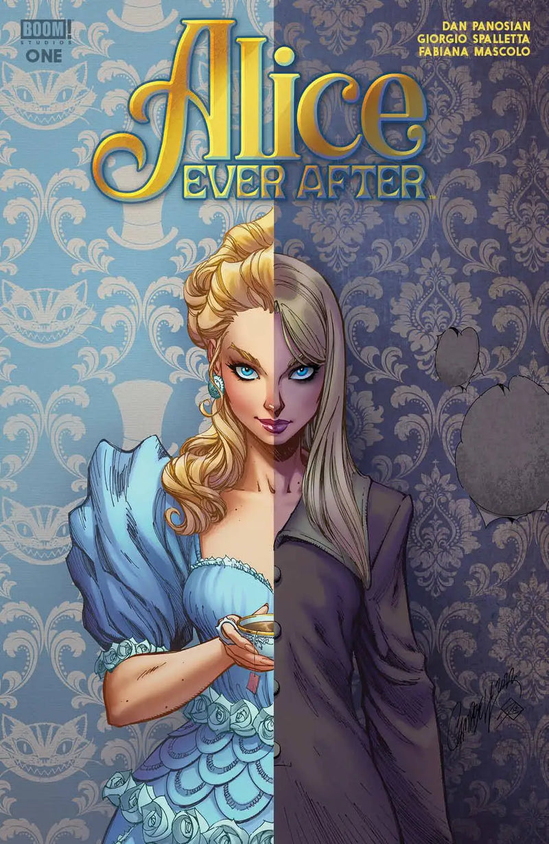 Comic book cover of ALICE EVER AFTER #1 featuring split character design in blue dress and dark clothing