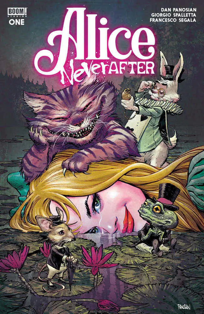 Comic book cover of Alice Never After featuring a dark twist on Wonderland characters