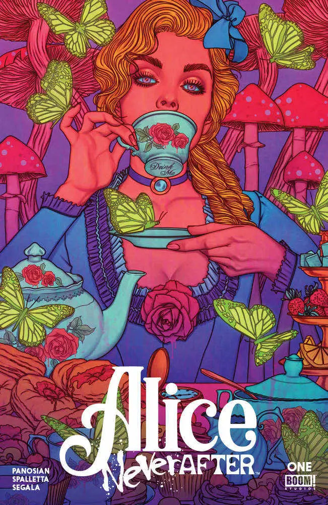Psychedelic illustration of tea-drinking figure with butterflies in Alice Never After trading cards