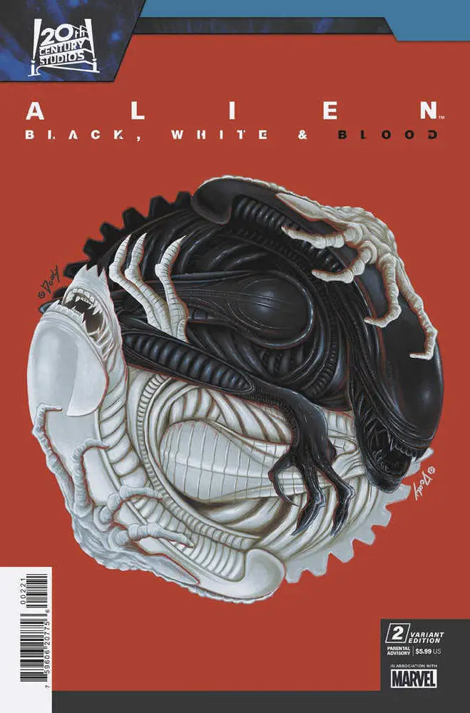 Circular yin-yang design with black and white Xenomorphs from Alien for trading cards