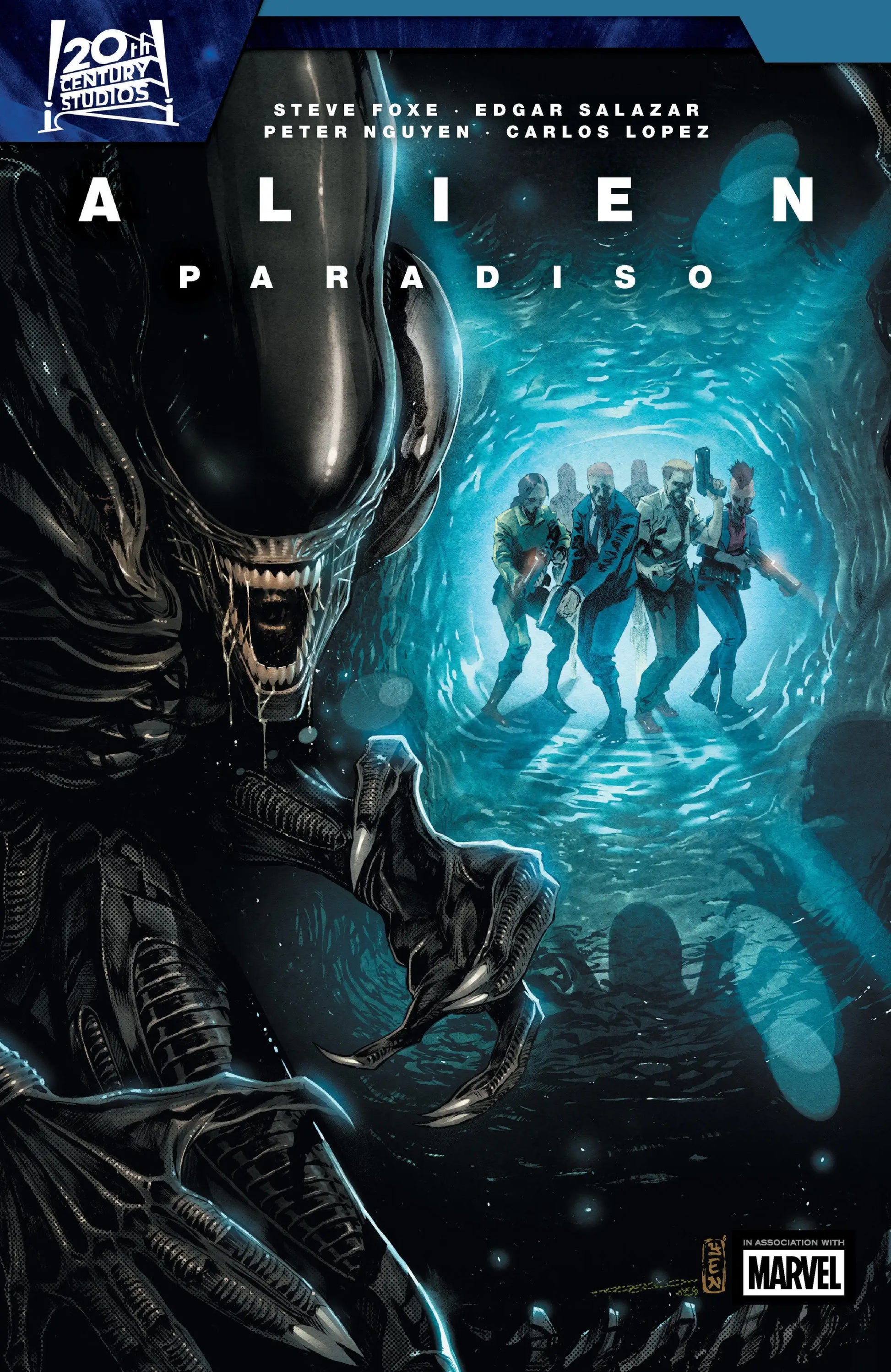 Alien Paradiso graphic comic cover featuring a Xenomorph and explorers in a cave