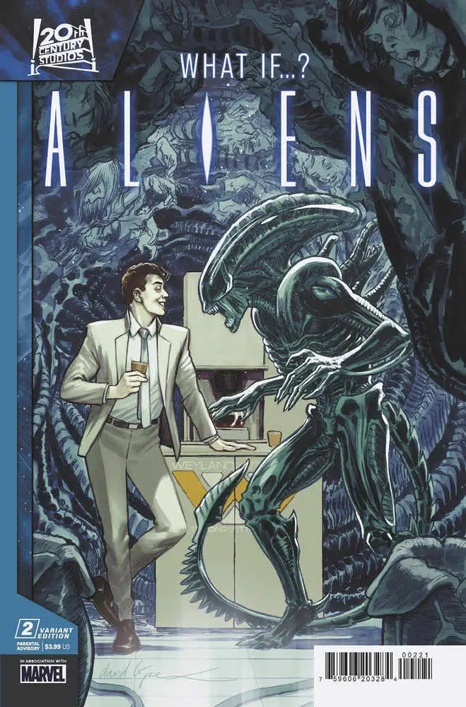 Comic book cover of Aliens: What If...? #2 with a suited figure vs xenomorph alien