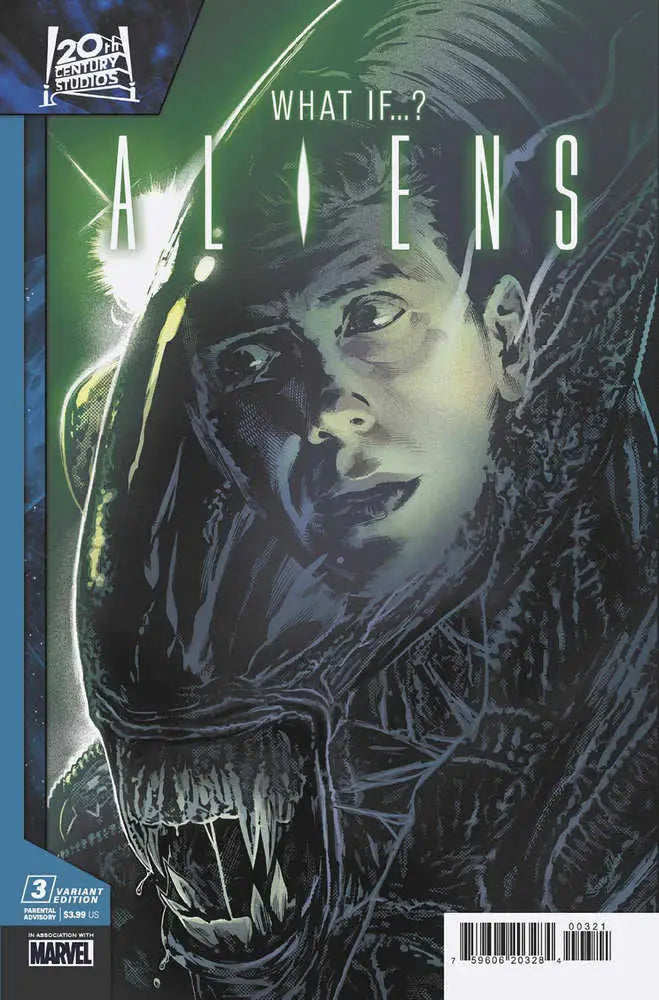Comic book cover of Aliens: What If...? #3 featuring Xenomorph and character in dramatic light