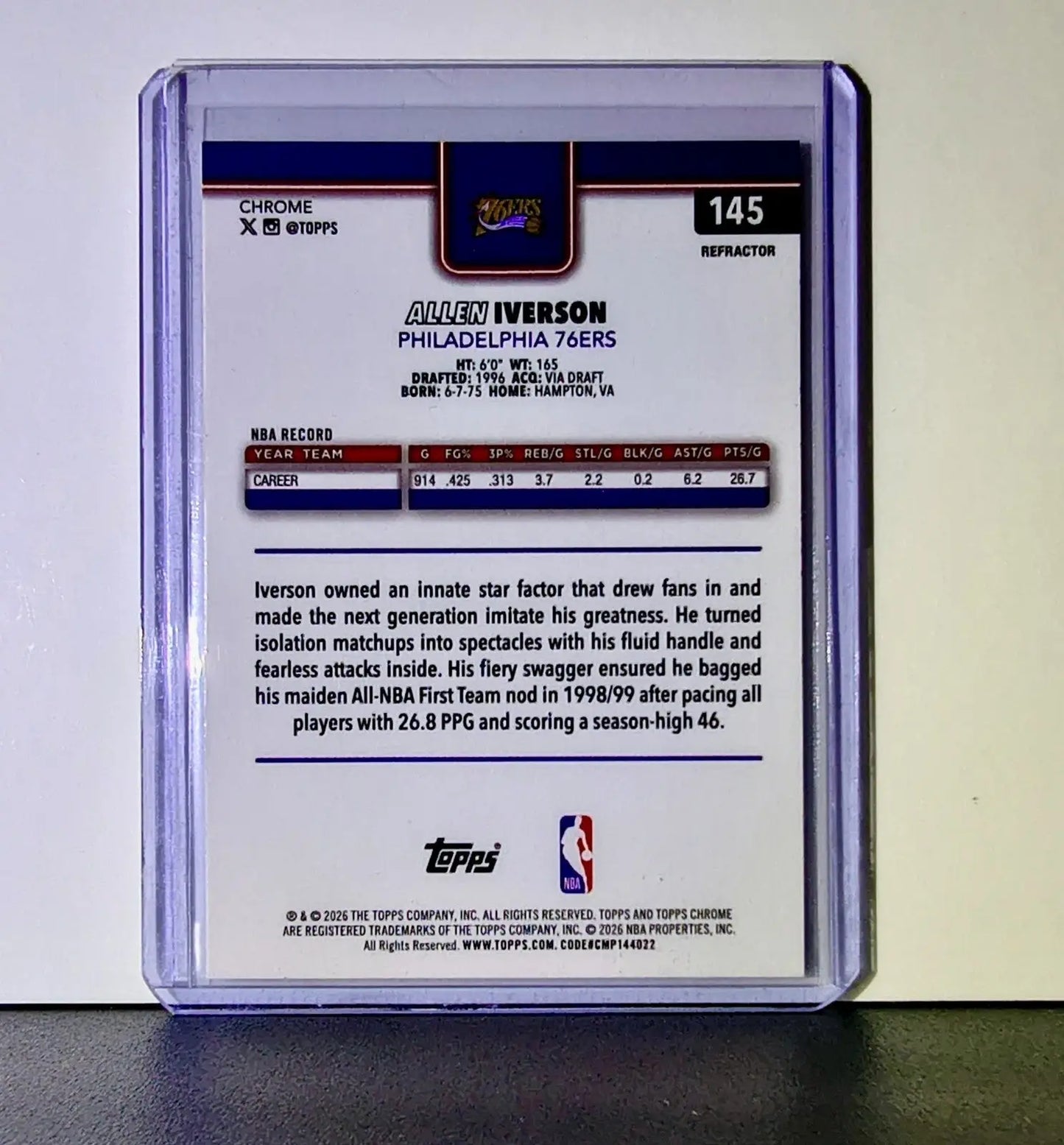 Allen Iverson 2025-26 NBA Topps Chrome Update Refractor #145 Card 76ers - Basketball Card Single