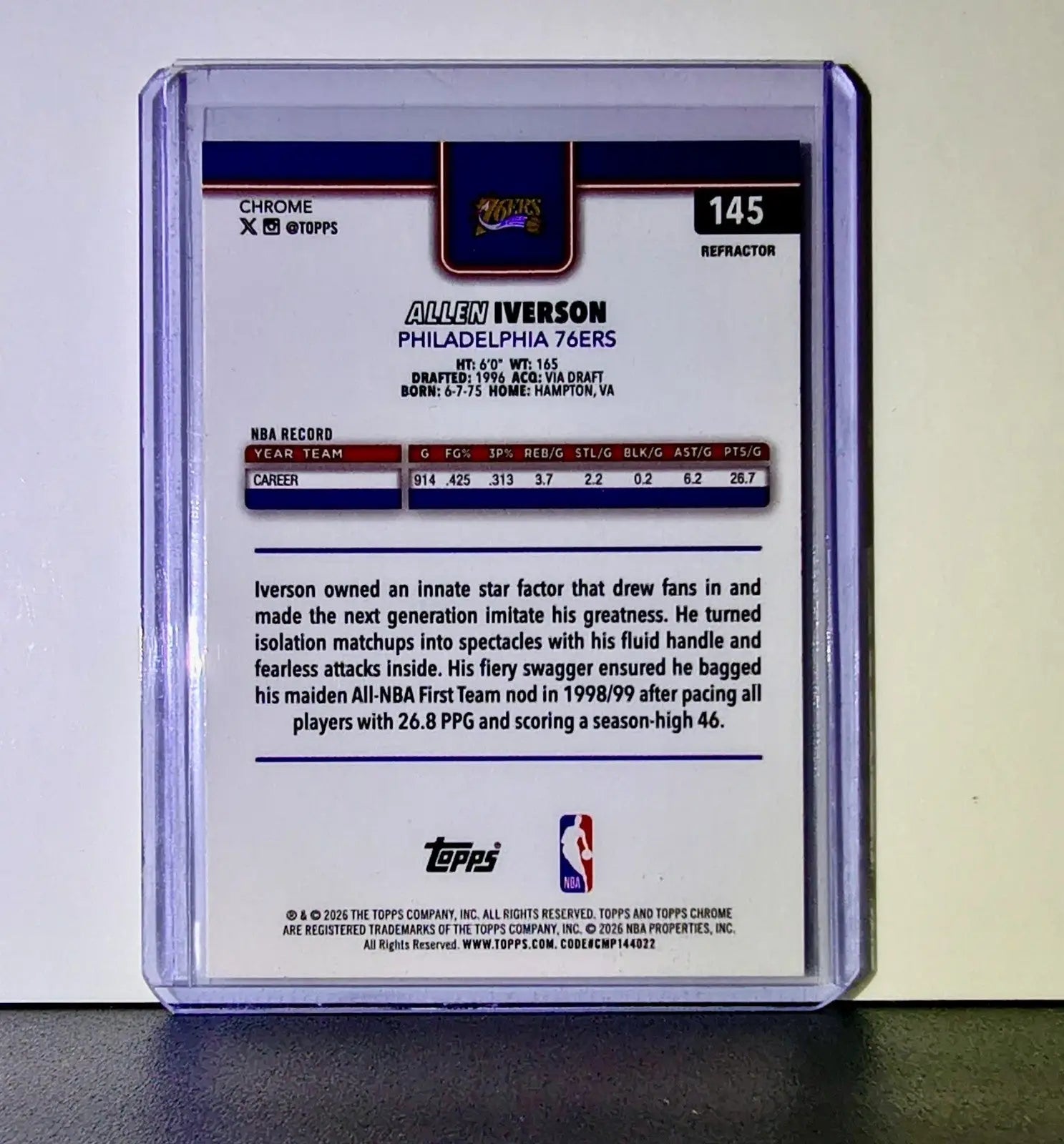 Allen Iverson 2025-26 NBA Topps Chrome Update Refractor #145 Card 76ers - Basketball Card Single