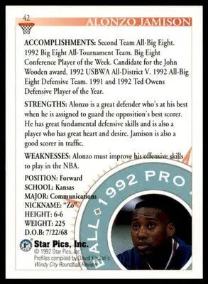 Alonzo Jamison 1992 Star Pics #42 Kansas Jayhawks - Basketball Card Single