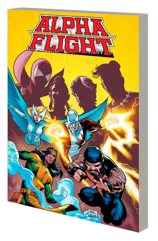 Alpha Flight comic book cover showcasing superhero action on a yellow background