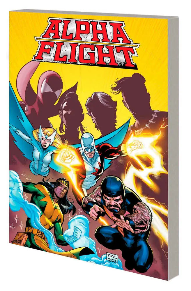 Alpha Flight comic book cover showcasing superhero action on a yellow background