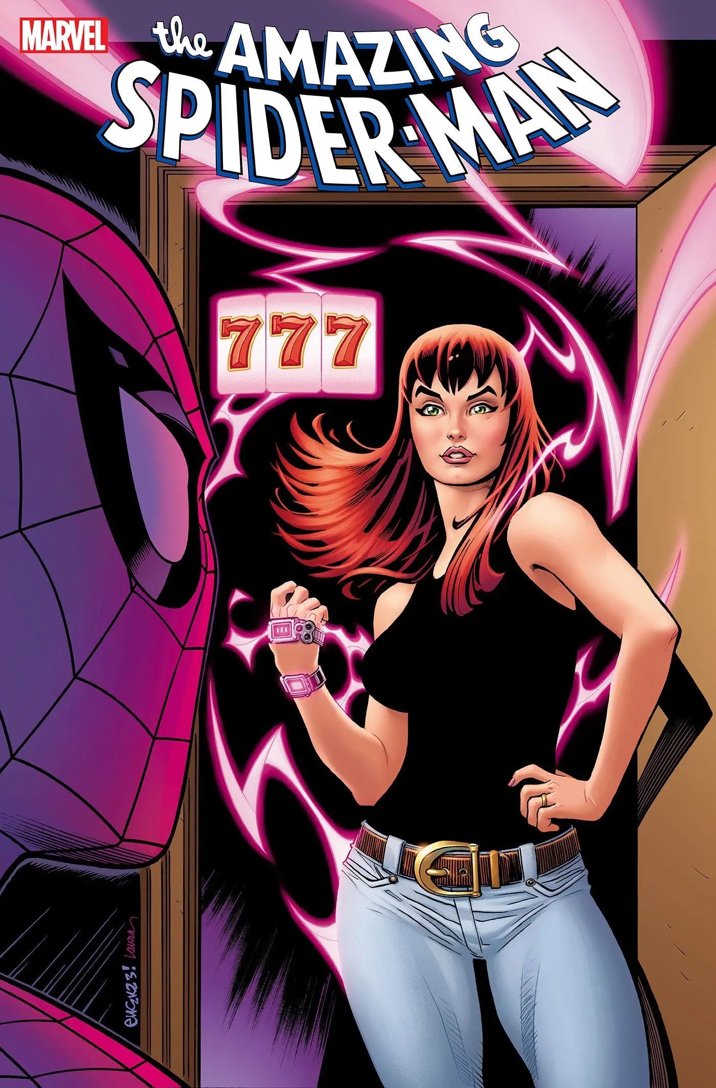 Comic book cover of Amazing Spider-Man 25 Mcguinness Variant featuring woman and pink energy