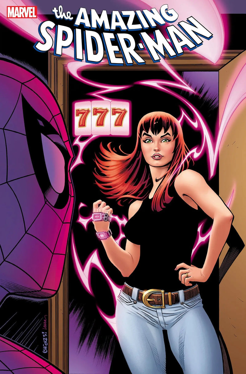 Comic book cover of Amazing Spider-Man 25 Mcguinness Variant featuring woman and pink energy