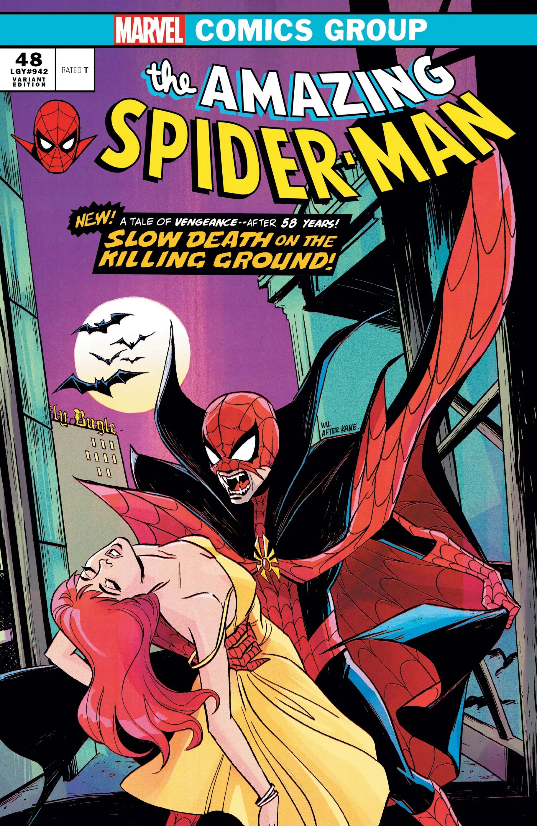 Comic book cover of Amazing Spider-Man #48 Annie Wu Vampire Variant with Spider-Man swinging, ideal for trading cards