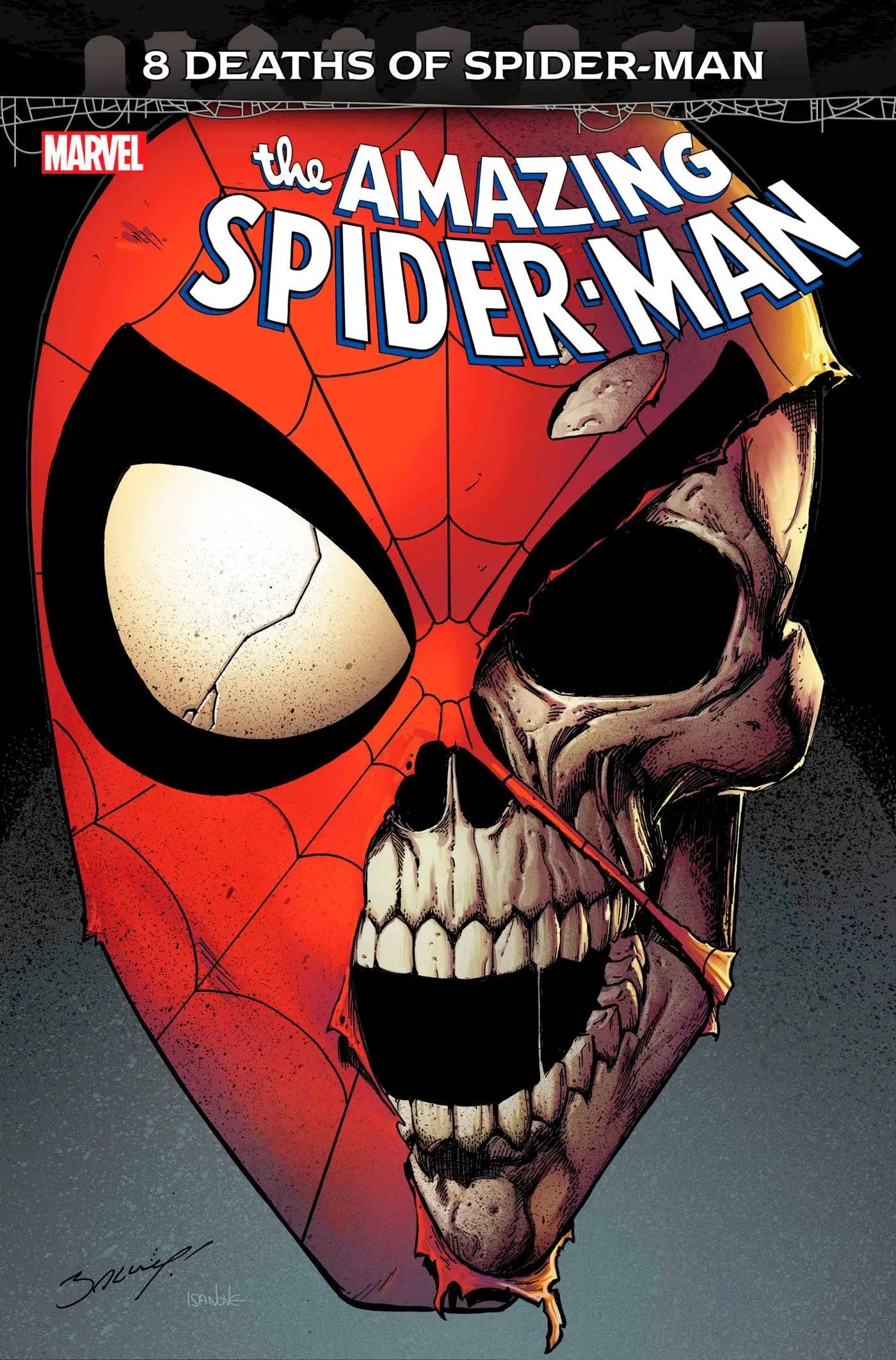 Comic book cover featuring a decaying Spider-Man mask from Amazing Spider-Man #65 Deaths Comic